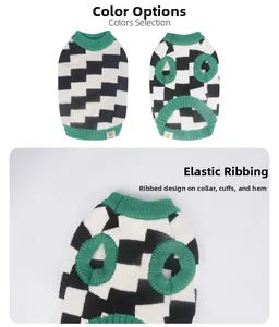 Close-up of green elastic ribbed cuffs and hem on checkered knit dog sweater