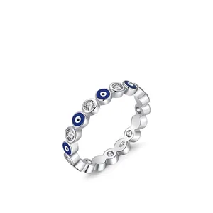S925 sterling silver evil eye ring with blue enamel and sparkling cubic zirconia stones