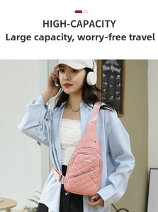Pink quilted nylon chest bag with adjustable strap and functional earphone hole design