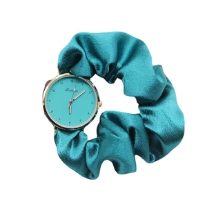 Elegant turquoise ribbon scrunchie watch with gold case and silk satin wristband