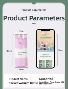 Pink 150ml mini pocket vacuum flask with dimensions 13.6cm by 5.4cm for easy portability