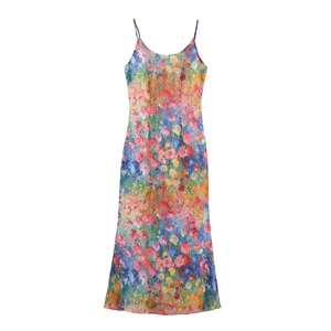 Abito Cami da Donna Estivo con Stampa Floreale Colorata Schiena Scoperta Senza Maniche Stile Pittura a Olio Artistico Vita Alta Sexy a Trapezio