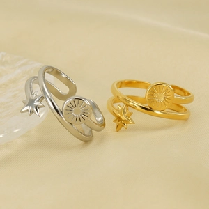 18K gold and silver celestial double-layer open rings with sun and star charms