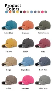Detailed color chart showing 12 shades of washed cotton baseball caps in a grid layout