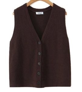 Detailed view of a dark brown knit V-neck vest with black buttons on a wooden hanger