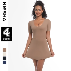 Women Short Sleeve Tennis Dress With Built-in Shorts Slim Fit Stretchy Mini Athletic A-Line Skirt For Golf Badminton