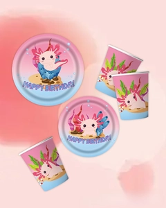 Detail of axolotl theme birthday party tableware with disposable paper plates and cups
