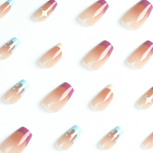 French tip press-on nails with purple gradients and light blue fluid drop textures