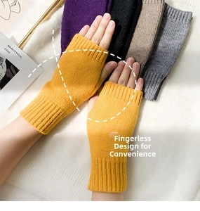Detail view of colorful knitted fingerless gloves with elastic ribbed cuffs for winter
