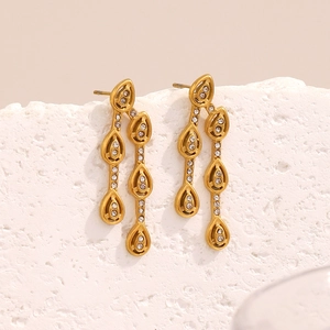 18K gold plated stainless steel teardrop earrings with crystals on stone base