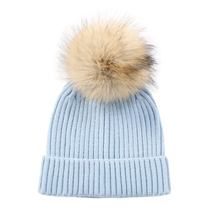 Winter light blue knit beanie for kids with vertical stripes and a faux fur pom pom