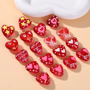 DIY red heart glass beads with star and love patterns for handmade jewelry making
