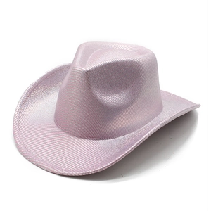 Detail of pink glitter cowboy hat featuring shimmering laser finish for parties