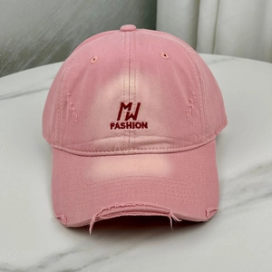 Pink distressed cotton baseball cap with MW FASHION embroidery and a wide curved brim