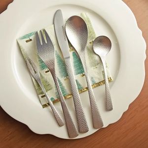 5-piece 304 stainless steel cutlery set with hammered texture handle on a ceramic plate