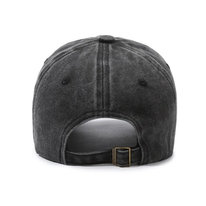 Vintage dark grey washed denim baseball cap with adjustable metal buckle on the back
