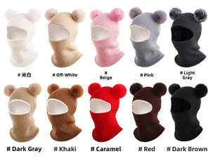 Multiple color options of kids thick knit balaclava hat with fluffy pom-poms details