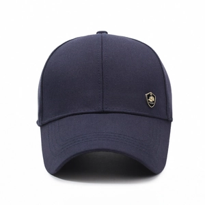Classic navy blue cotton baseball cap for middle-aged men with golden fashion shield badge