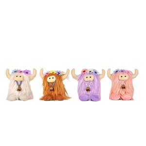 Set of four plush Highland cows in white orange purple and pink with flower crowns