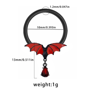 Gothic black bat piercing ring with red water drop gemstone and enamel wings decoration