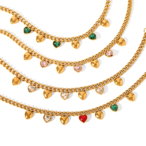 Bracelet gourmette en acier inoxydable avec pampilles de cœurs en zircon coloré