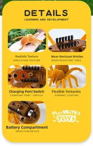 Macro detail of interactive robotic spider toy with flocking texture and power switch