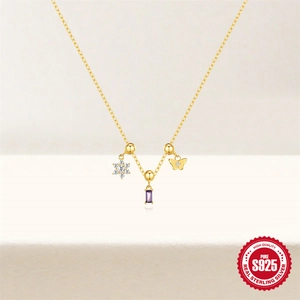 S925 sterling silver adjustable necklace with butterfly, snowflake and purple zircon charms