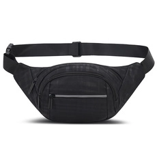 Front detail of waterproof Oxford fabric waist bag with zipper compartments and buckle strap