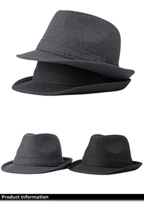 Detail view of premium wool felt fedora hats in black and dark grey with decorative bands