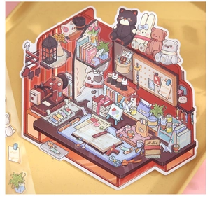 Macro view of illustration-style stickers featuring miniature room and sewing machine tools