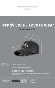 Detailed size chart of distressed baseball cap with 3D M embroidery and adjustable strap