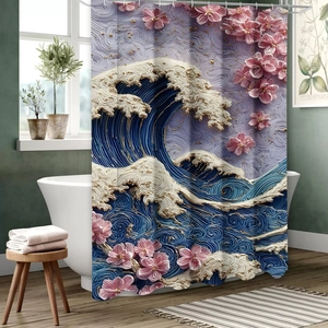 Detail of 3D wave and cherry blossom patterns on waterproof polyester shower curtain