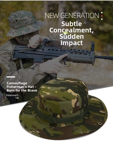 Detail of jungle camo boonie hat with metal ventilation eyelets and adjustable strap
