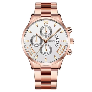 Rose gold Geneva men's steel watch with white dial, chronograph sub-dials and calendar