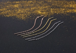Close-up of S925 sterling silver long tassel ear threads in gold, rose gold and silver