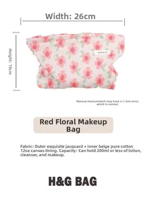 Detailed view of pink floral knit makeup bag measuring 26x18cm with cotton lining