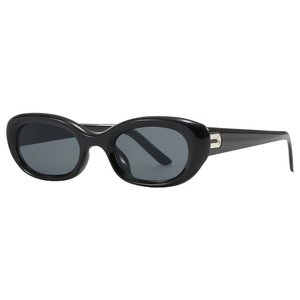 Chic black oversized oval sunglasses with silver J-shaped metal accent on the temple