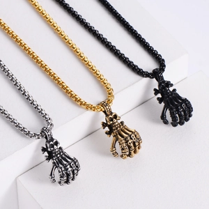 Punk skull hand pendants in silver, gold and black stainless steel on bead chains