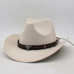 Western Cowboy Hat Faux Suede Wide Brim Retro Jazz Fedora With Metal Bull Head Rivet Band For Men Women Vintage