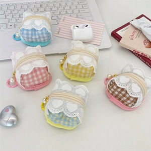 Cute Lattice Cloth Earphone Case Heart Lace Artificial Pearl Zipper Portable Small Storage Bag Wireless Headset Cover For Women