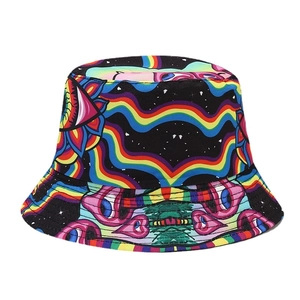 Reversible bucket hat featuring vibrant rainbow psychedelic art and eye pattern
