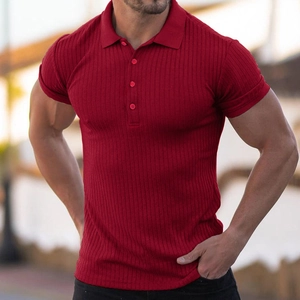 Detail of slim fit dark red vertical striped polo shirt showing rib knit texture
