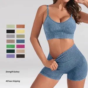Seamless Matte Washed Yoga Fitness Outfit For Women Padded Camisole Top And High Waist Butt Lifting Biker Shorts Gym Activewear