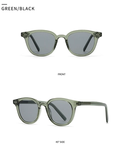 Detail view of olive green retro sunglasses from front and 45-degree side perspectives