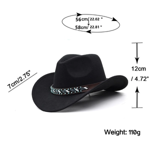 Black western felt cowboy hat with blue turquoise bead band and 7cm wide brim for unisex