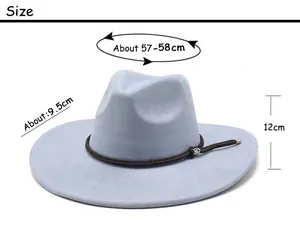Size guide for blue faux suede fedora showing brim width and crown height dimensions