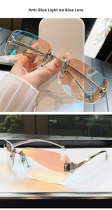 Detail of rimless rectangle sunglasses with anti-blue light gradient ice blue lenses