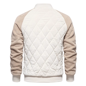 Back view of men's quilted bomber jacket with contrast fleece sleeves and ribbed cuffs