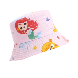 Pink cotton sun hat for children with cartoon mermaid and ocean creatures print