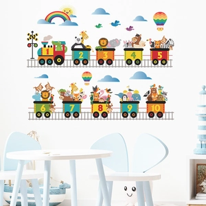 Detailed view of colorful cartoon animal train wall decals with numbers 1 to 10 for kids room